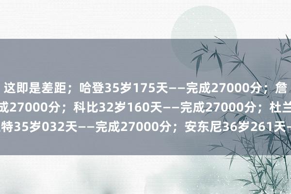 这即是差距；哈登35岁175天——完成27000分；詹姆斯31岁317天——完成27000分；科比32岁160天——完成27000分；杜兰特35岁032天——完成27000分；安东尼36岁261天——完成27000分；体育集锦